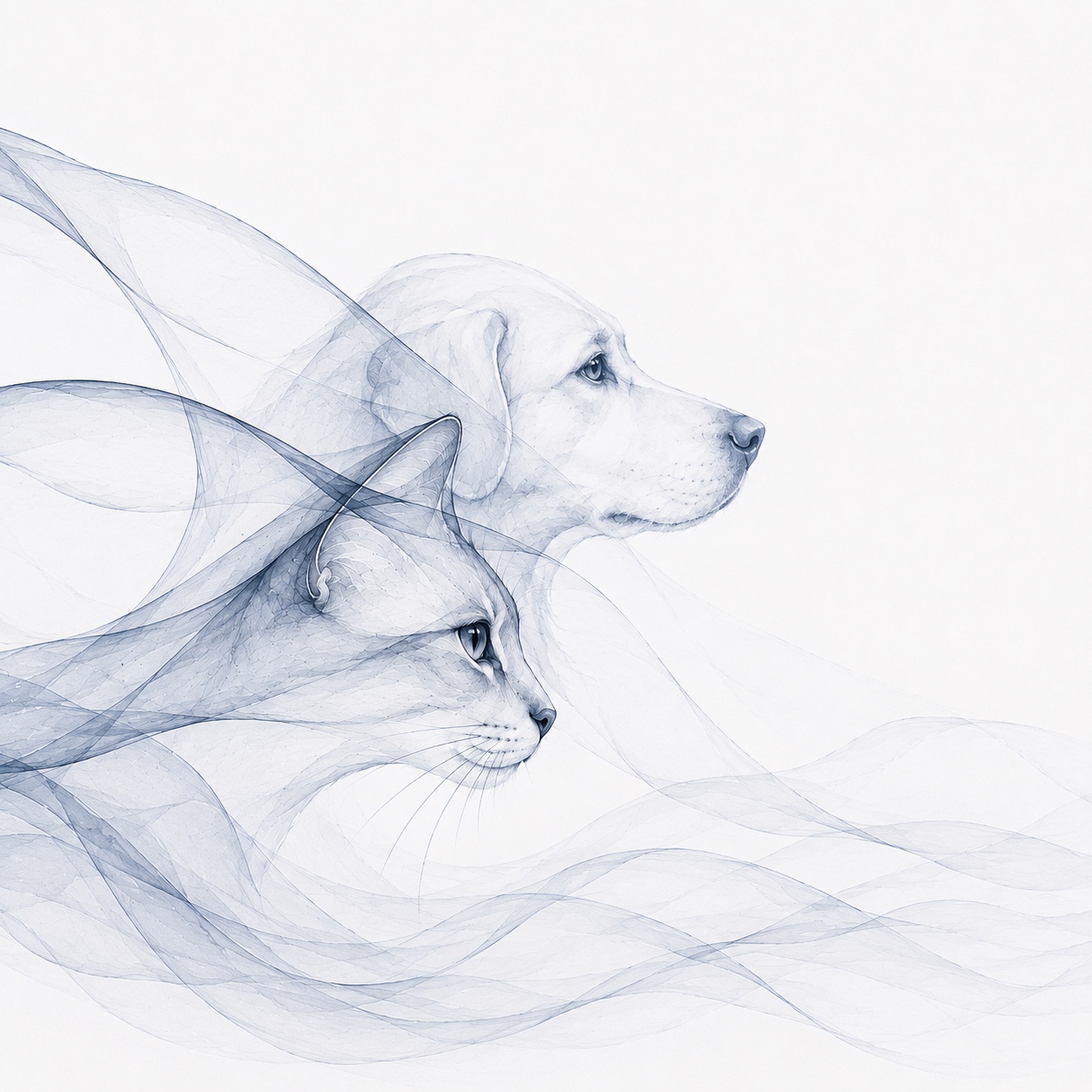 Hund und Katze in fließenden blauen Wasserformen
